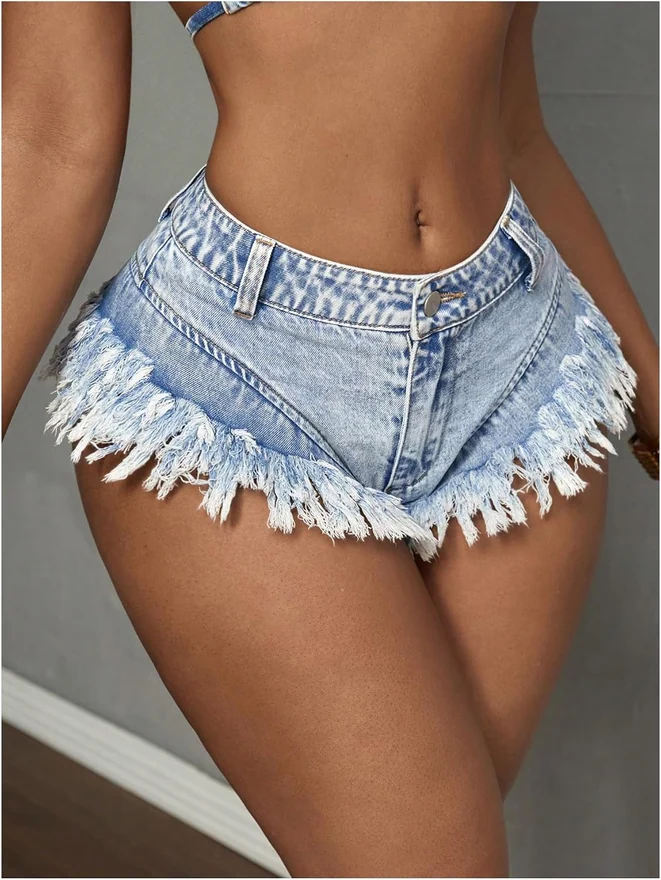 Distressed Mini Denim Shorts Low Rise Party Club Raw Hem Jean by OYOANGLE, photograph 4 of 4