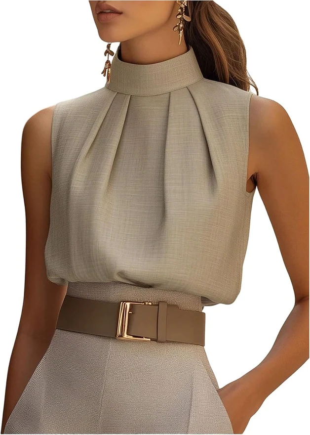 Mock Neck Sleeveless Pleated Blouse Dressy Work Top Khaki by OYOANGLE