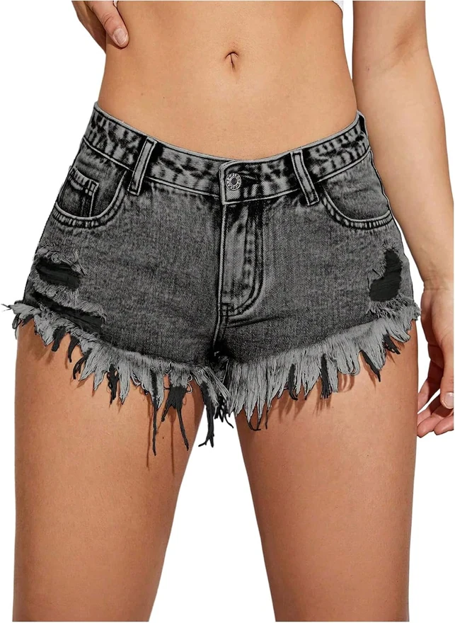 Low Rise Denim Shorts Y2K Frayed Raw Hem Distressed Jean Shorts by OYOANGLE