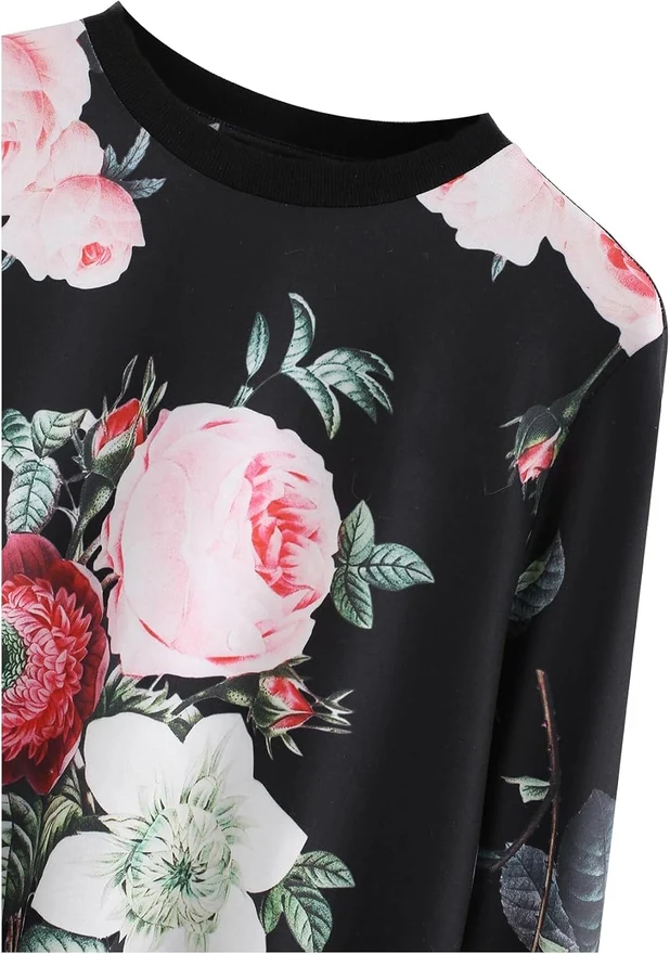 Casual Flower Print Long Sleeve Round Neck Pullover Black by OYOANGLE, photograph 3 of 4