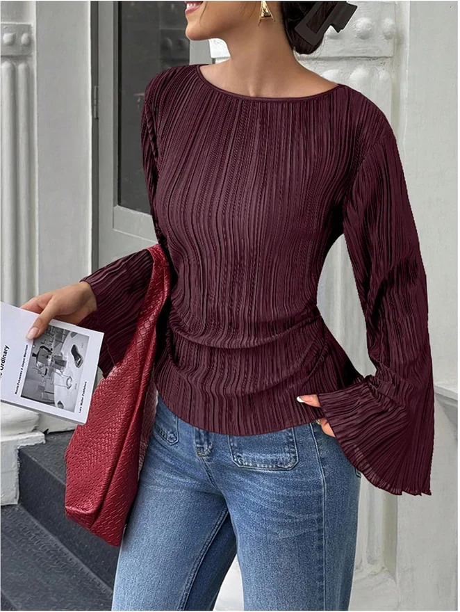 Cinched Waist Tops Bell Long Sleeve Going Out Work Blouse by OYOANGLE, photograph 4 of 4