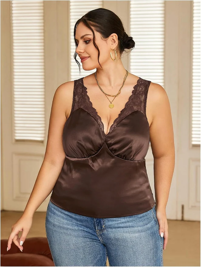 Plus Size V Neck Satin Tank Top Lace Trim Ruched Blouse by OYOANGLE, photograph 3 of 3