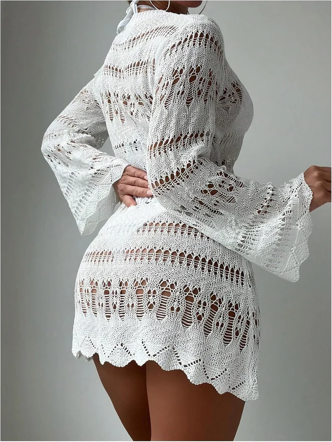 Crochet Bathing Suit Cover Up Long Bell Sleeve Beach Dress by OYOANGLE, photograph 2 of 4