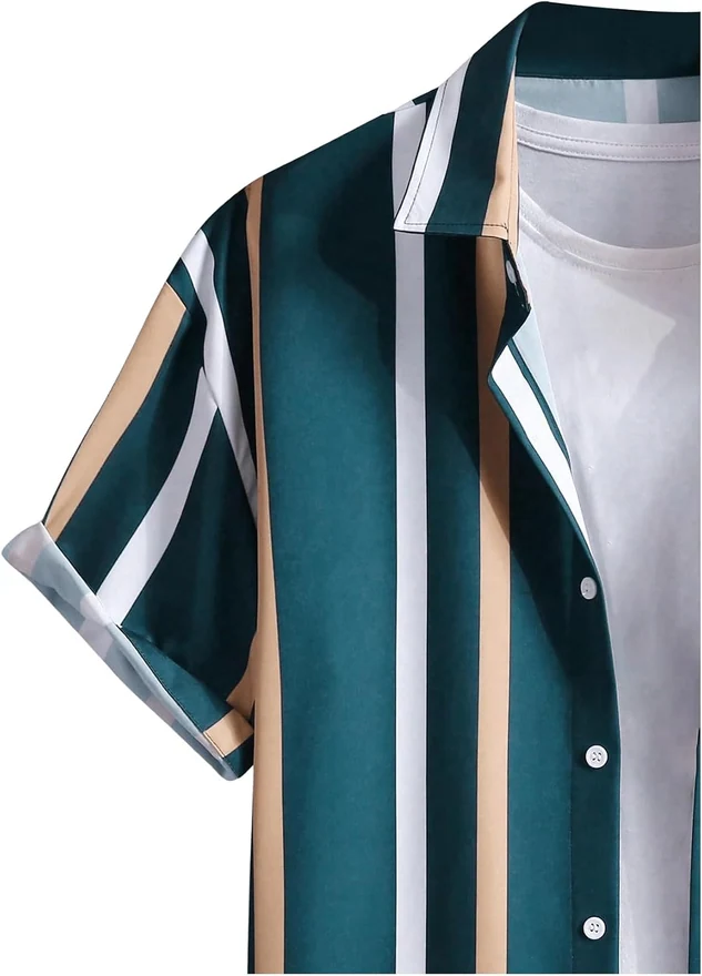 Color Block Striped Print Short Sleeve Button Down Shirt by OYOANGLE, photograph 4 of 4