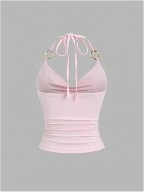 Cowl Neck Ruched Sleeveless Halter Top Coffee Brown in Pink