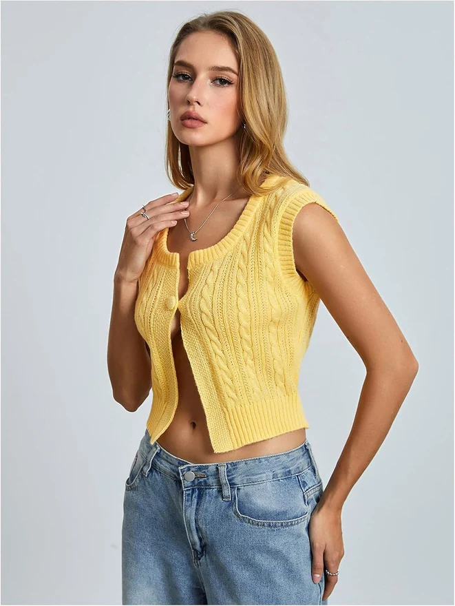 Sweater Vest Button Split Hem Cable Knit Sleeveless Crop by OYOANGLE, photograph 3 of 4