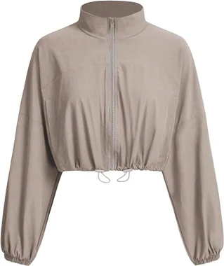 Oversized Cropped Jacket Zip Up Windbreaker Running Jacket in Khaki