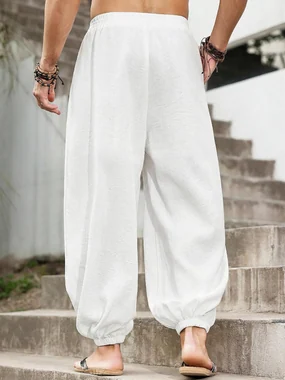 Harem Pants with Pocket Baggy Hippie Loose Fit Elastic Waist in White