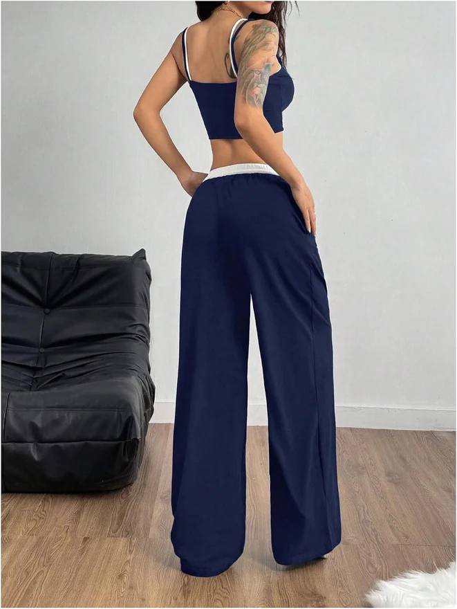 Y2k 2 Pieces Set 2 in 1 Crop Top and Wide Leg Pants Outfit by OYOANGLE, photograph 3 of 3