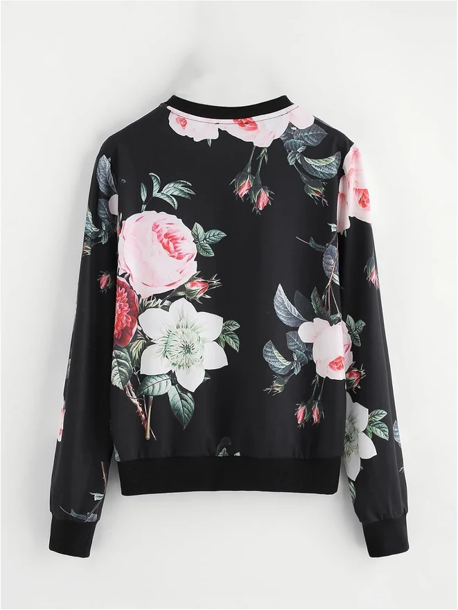 Casual Flower Print Long Sleeve Round Neck Pullover Black by OYOANGLE, photograph 2 of 4
