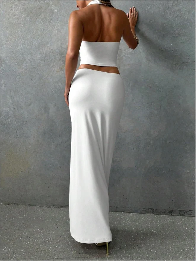 2 Piece Skirt Set Cowl Neck Sleeveless Halter Crop Top Bodycon by OYOANGLE