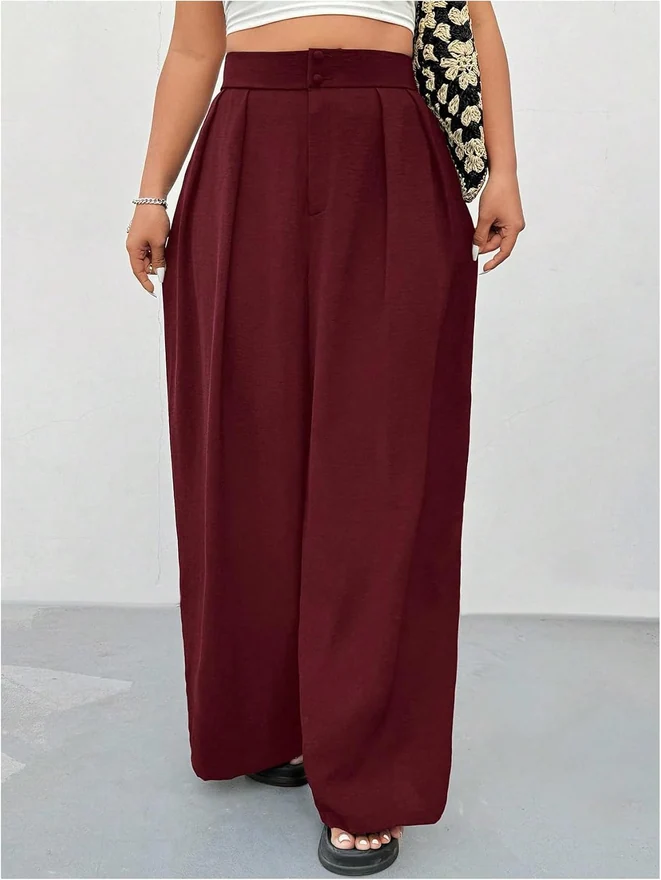 Plus Size High Waisted Wide Leg Work Dressy Pants Burgundy by OYOANGLE, photograph 3 of 3
