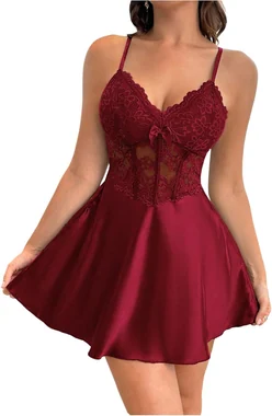 Floral Lace Satin Slip Dress Corset Mini Nightgowns Maroon in Burgundy