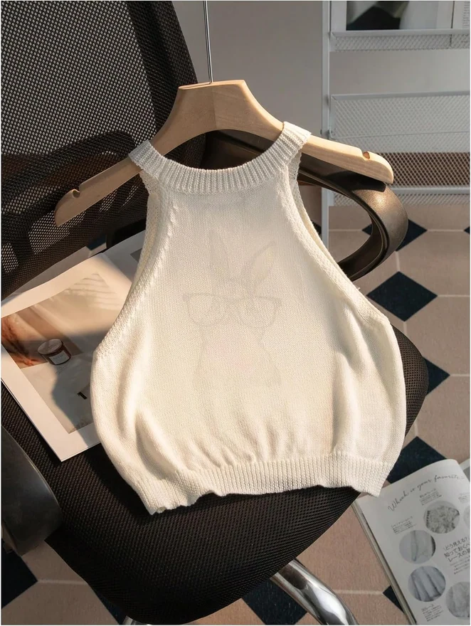 Bunny Halter Sweater Vest Lightweight Cropped Tank Tops by OYOANGLE, photograph 3 of 4