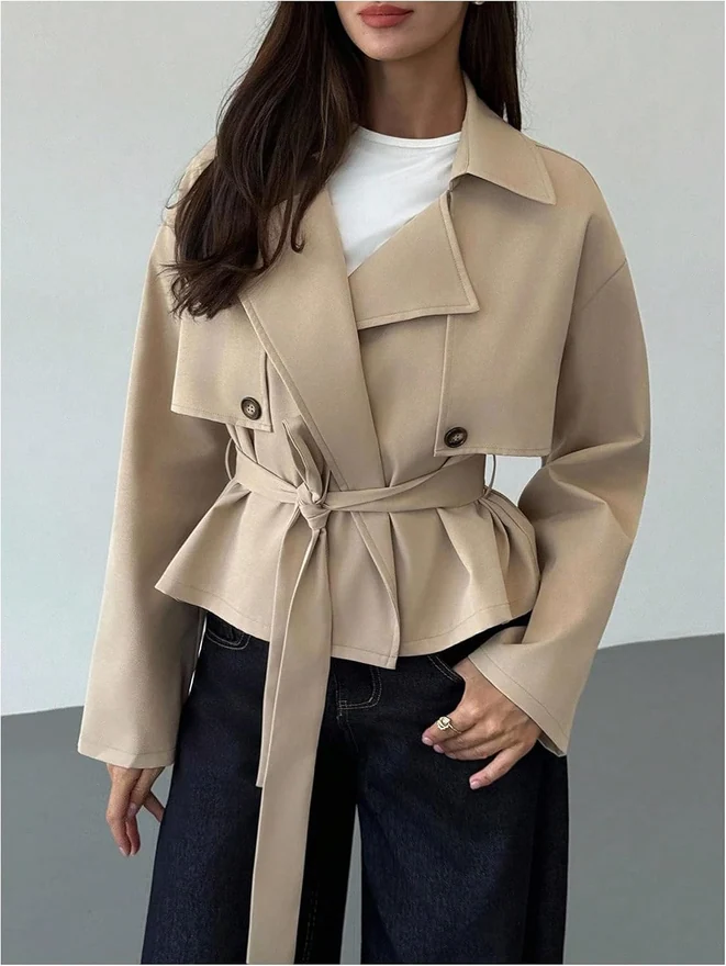 Cropped Trench Coat Double Breasted Lapel Collar Belted Short by OYOANGLE, photograph 4 of 4