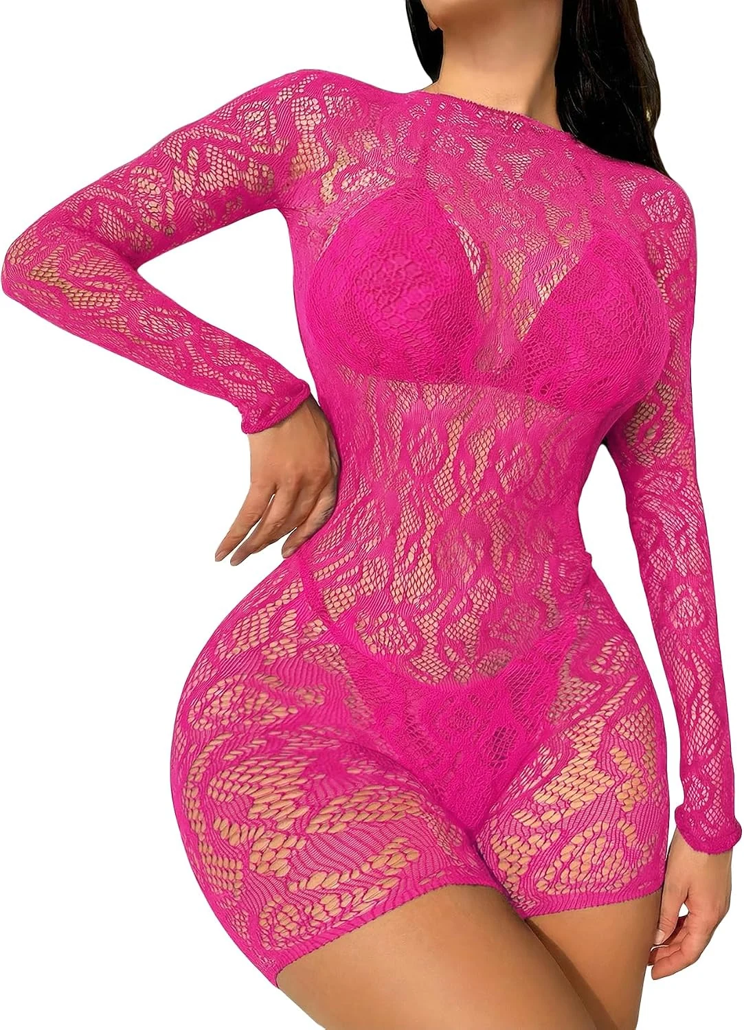 Floral Lace Sheer Mesh Hollow Out Bodysuit Romper Jumpsuit by OYOANGLE, photograph 1 of 4