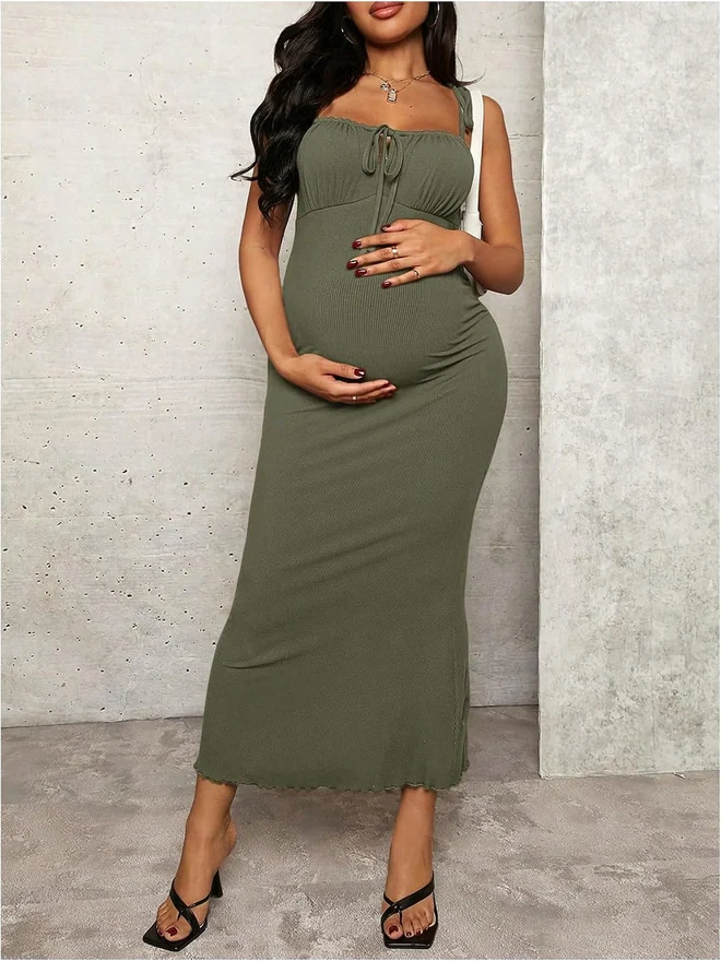 Maternity Ribbed Knit Bodycon Cami Midi Dresses Army Green by OYOANGLE, photograph 2 of 3