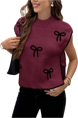 Bow Short Sleeve Sweater Side Tie Knit Pullover Top Brown in Burgundy