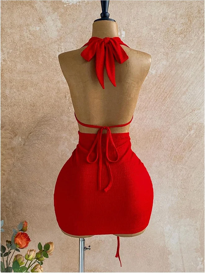 Y2K Halter Ring Linked Ruched Bodycon Mini Night Out Dress by OYOANGLE