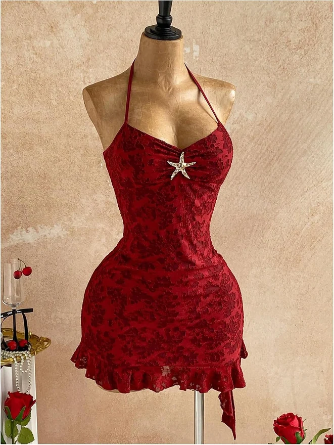 Floral Lace Starfish Decor Bodycon Mini Dress Ruffle Halter by OYOANGLE