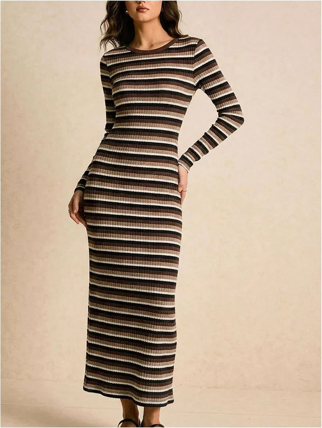 Striped Sweater Dress Long Sleeve Crew Neck Bodycon Pencil Long by OYOANGLE