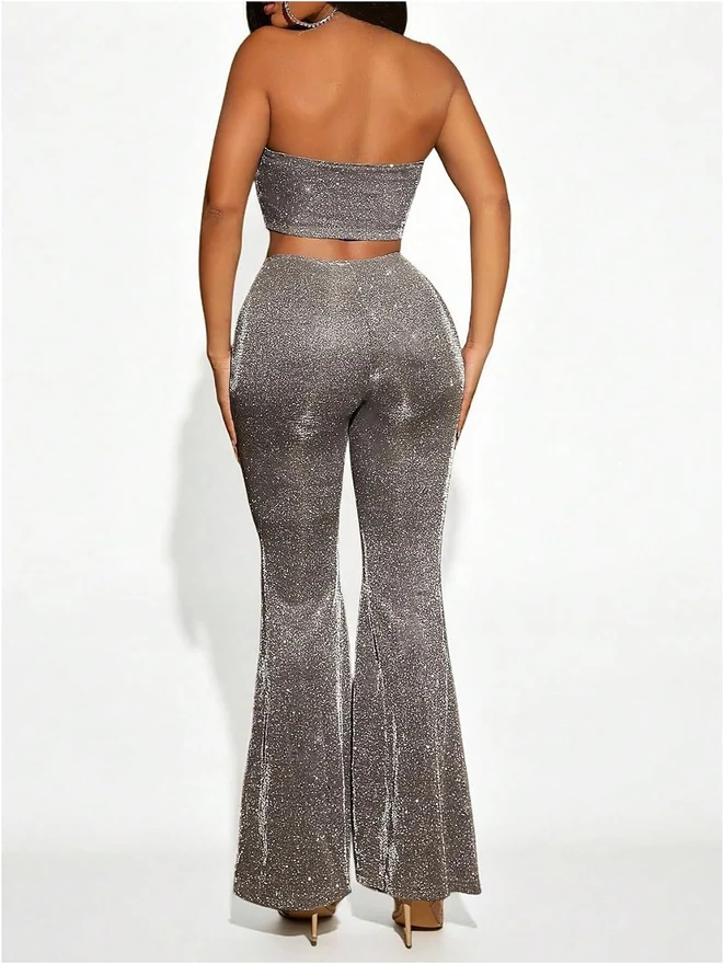 2 Piece Glitter Sparkly Bandeau Crop Top and Flare Pants by OYOANGLE, photograph 2 of 3