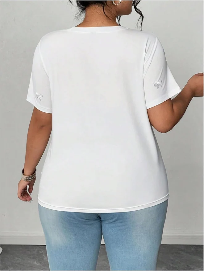 Plus Size Rhinestone Bow Top Short Sleeve Crew Neck Tee Shirts by OYOANGLE, photograph 2 of 4