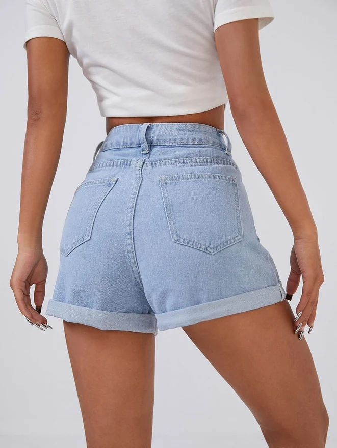 High Waisted Rolled Hem Straight Leg Denim Shorts by OYOANGLE, photograph 3 of 4