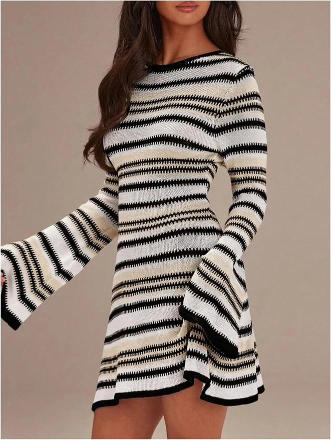 Striped Knit Mini Dress Bell Long Sleeve Crew Neck A Line by OYOANGLE, photograph 2 of 3