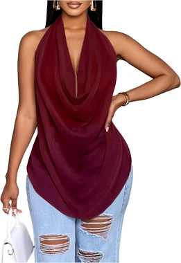 Cowl Neck Halter Tops for Women Backless See Through Draped Top in Burgundy