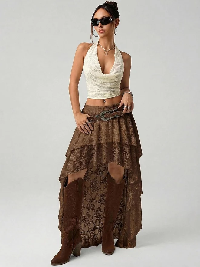Maxi Skirt Summer Y2K Lace Ruffle Asymmetrical Rave Outfit by OYOANGLE, photograph 2 of 3