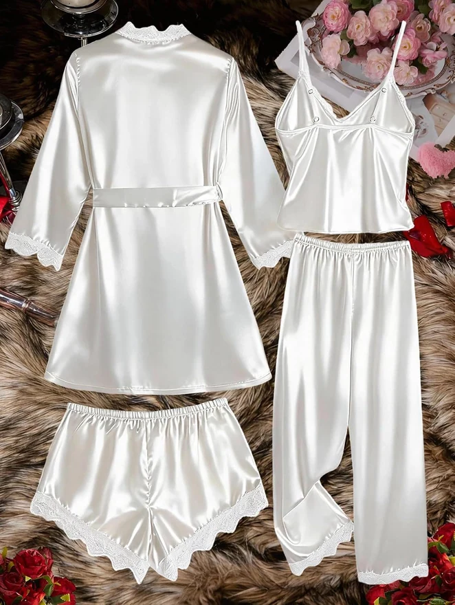 4 Piece Silky Satin Pajama Set Bridal Cute Pjs Lounge Set by OYOANGLE