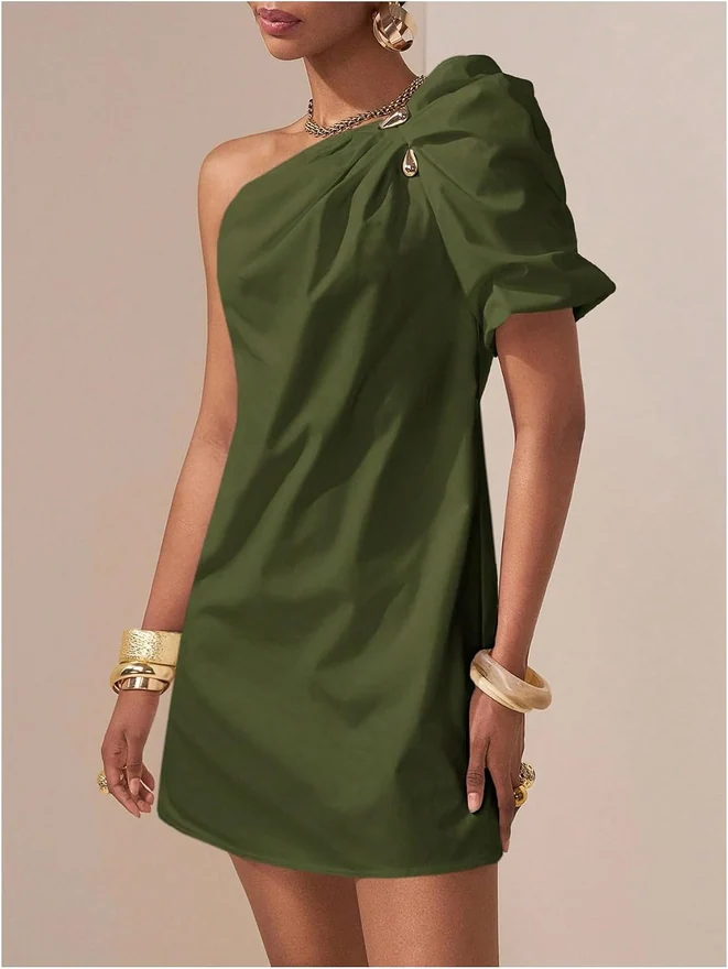 Off the Shoulder Dress Short Sleeve Twist Ruched A Line Short by OYOANGLE, photograph 2 of 3