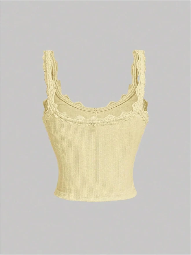 Girl's Cute Ribbed Spaghetti Strap Tank Tops Yellow by OYOANGLE, photograph 2 of 4