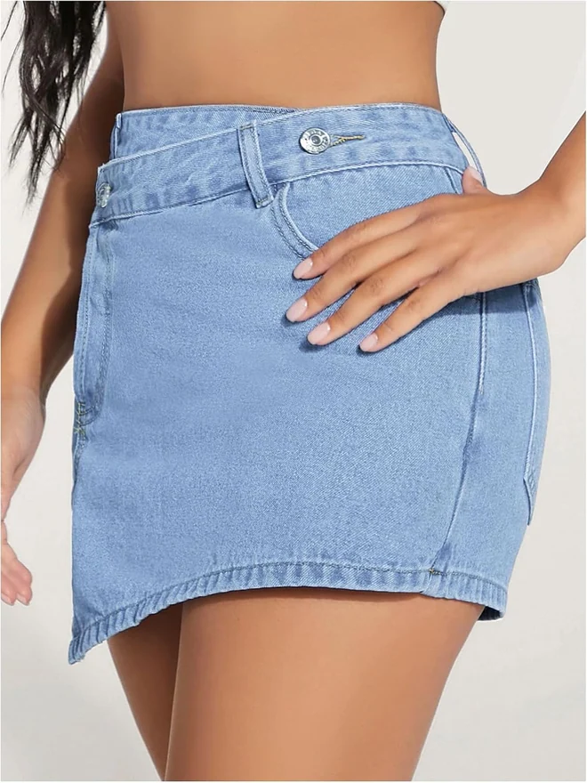 Wrap Denim Shorts High Waisted Asymmetrical Hem Y2K Jean Skirt by OYOANGLE, photograph 3 of 4