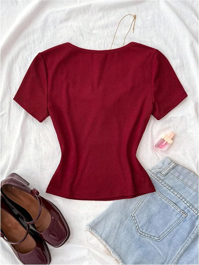 Girl's Cute Lace Trim Short Sleeve 2 in 1 Shirts Tie Front by OYOANGLE, photograph 2 of 4
