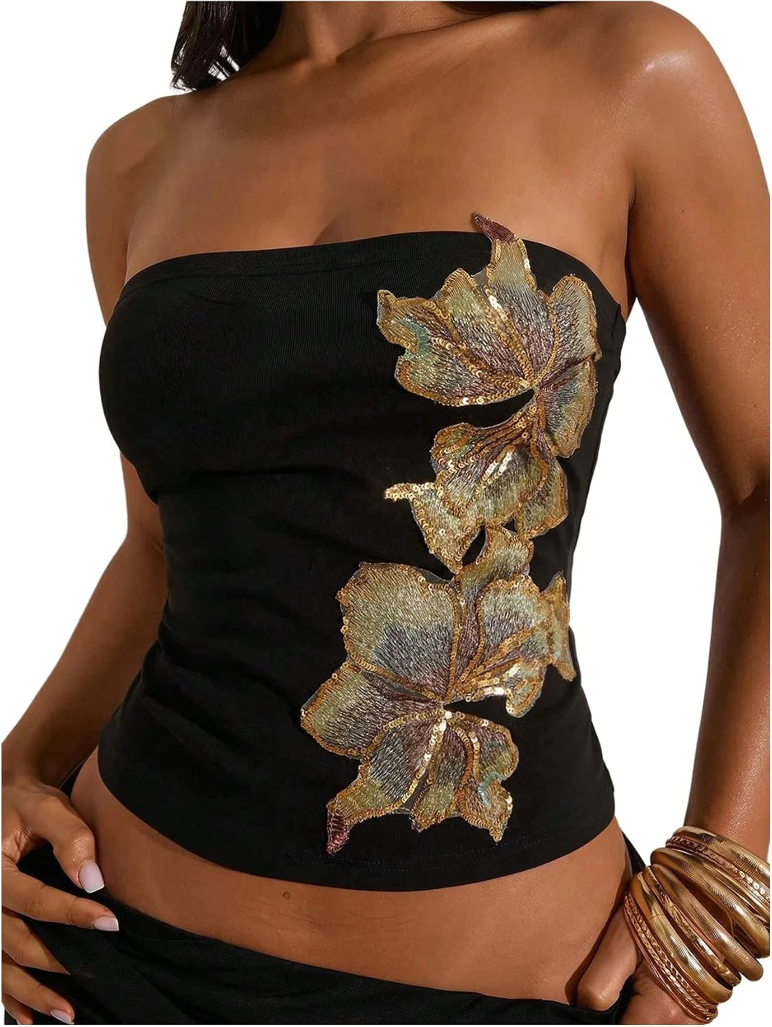 Y2K Floral Sequin Strapless Top Sleeveless Sparkly Fitted by OYOANGLE, photograph 1 of 4