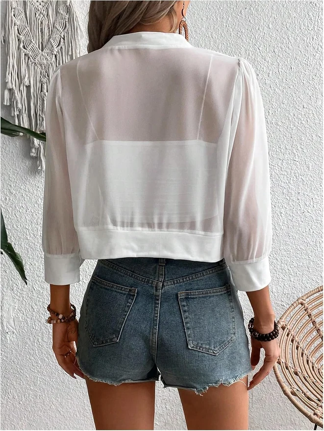 3/4 Sleeve Open Front Sheer Cropped Cardigans by OYOANGLE, photograph 3 of 4