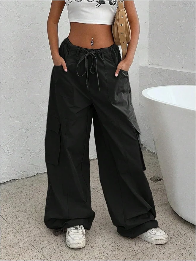 Low Waist Cargo Pants Wide Leg Y2K Parachute Trousers with by OYOANGLE, photograph 2 of 3