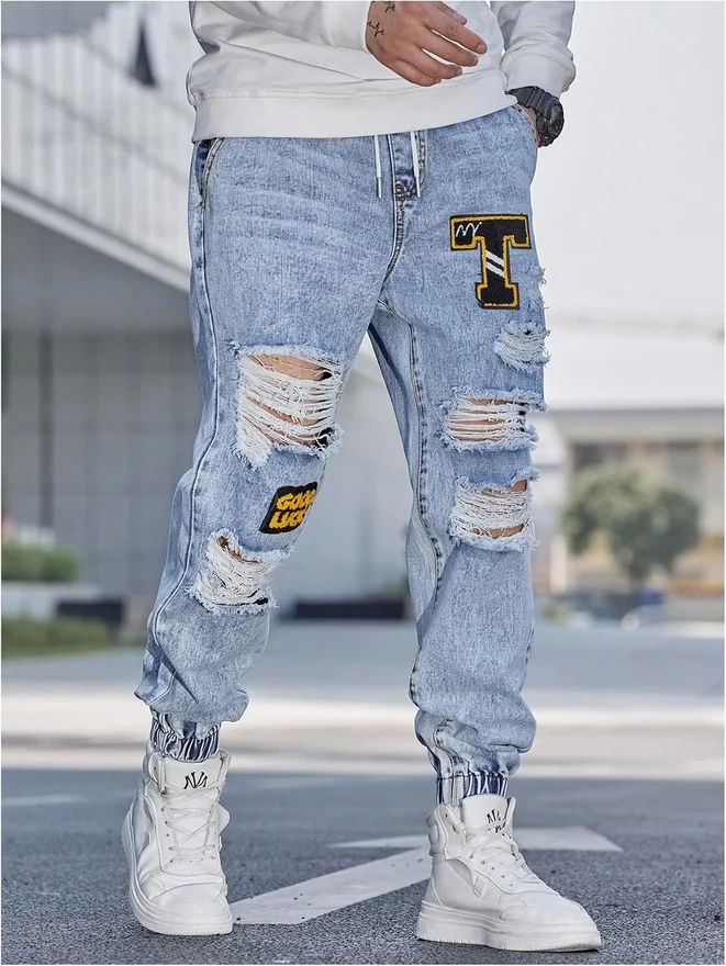 Cargo Joggers Pants Letter Patched Ripped Jeans Elastic by OYOANGLE, photograph 3 of 4