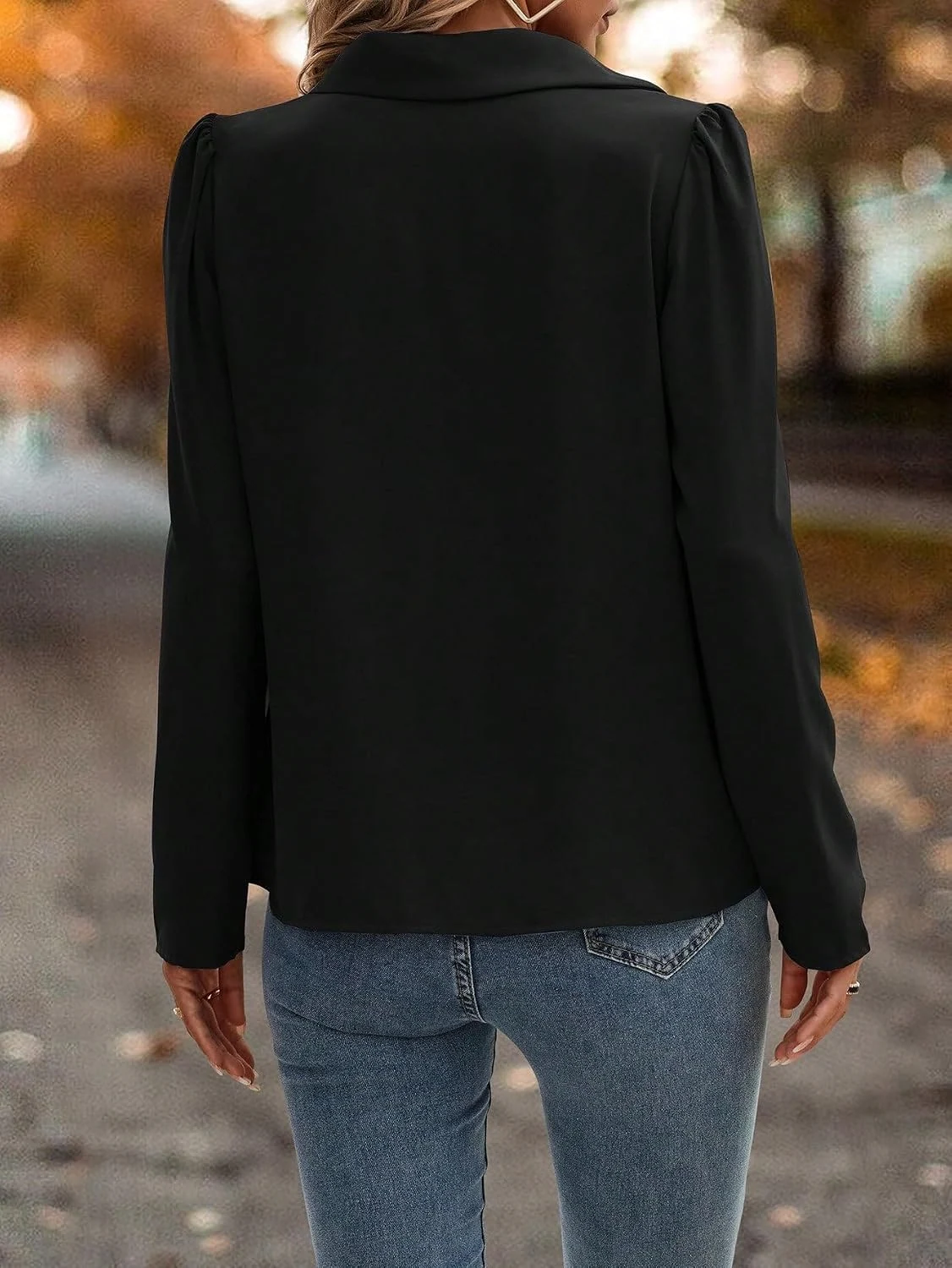 Lace Sheer Button Down Puff Blouse Black by OYOANGLE, photograph 1 of 3