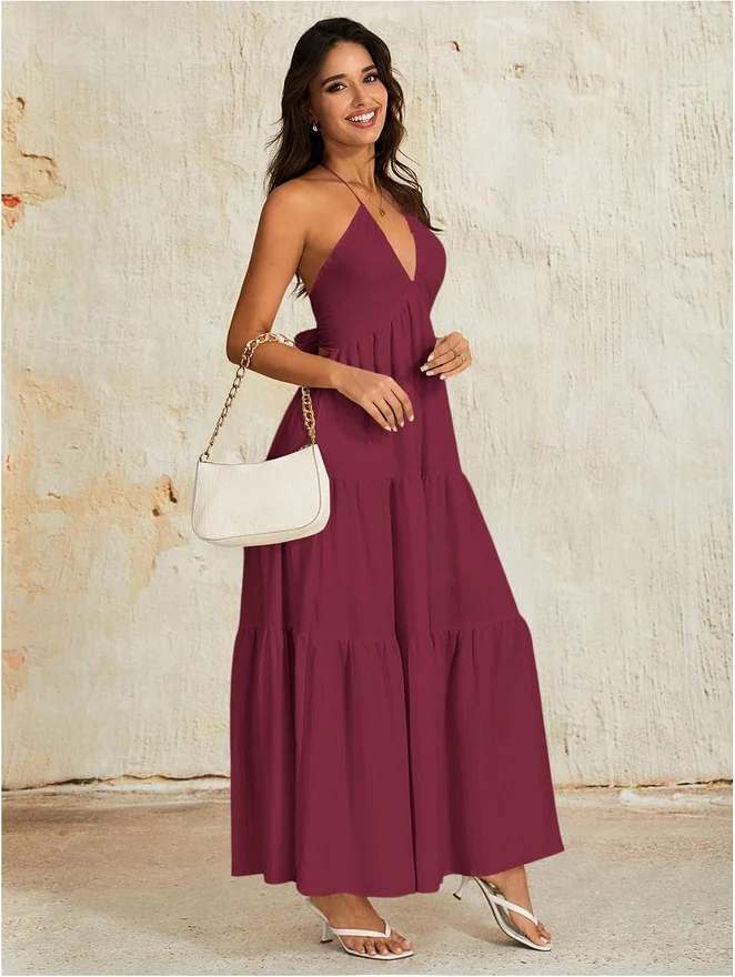 Summer Beach Halter Sundress Formal Wedding Guest Dress by OYOANGLE, photograph 3 of 3