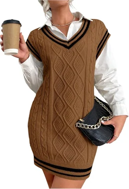 Striped Trim Cable Knit V Neck Sleeveless Sweater Dress in Brown