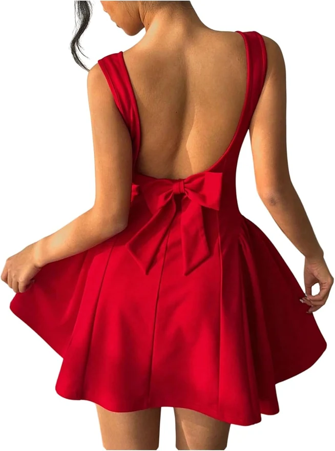 Open Back Bow Mini Ruffle Dress Square Neck Sleeveless Short by OYOANGLE