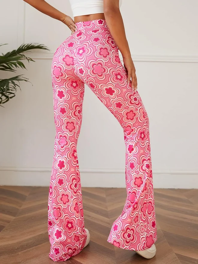 Floral Print High Waist Yoga Pants Wide Leg Pants Pink by OYOANGLE, photograph 2 of 3
