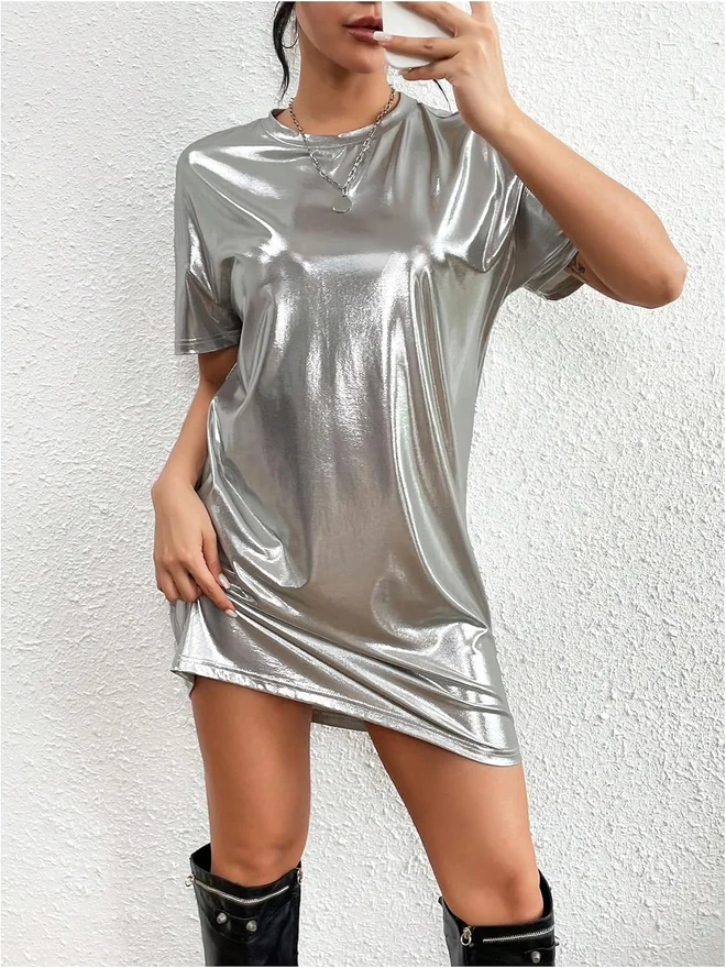 Metallic Tee Dress Crewneck Short Sleeve Tunic Club Dress by OYOANGLE, photograph 2 of 3