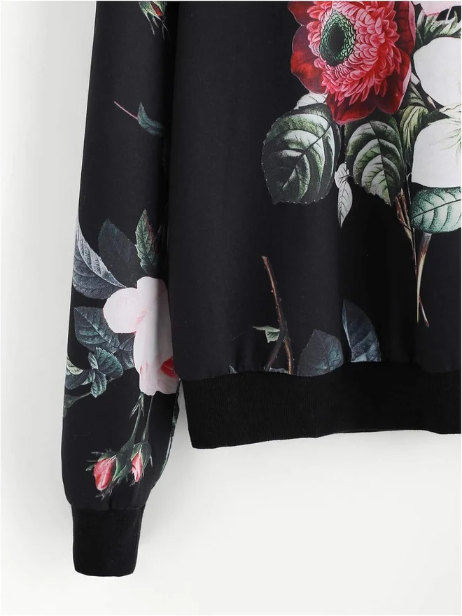 Casual Flower Print Long Sleeve Round Neck Pullover Black by OYOANGLE, photograph 4 of 4