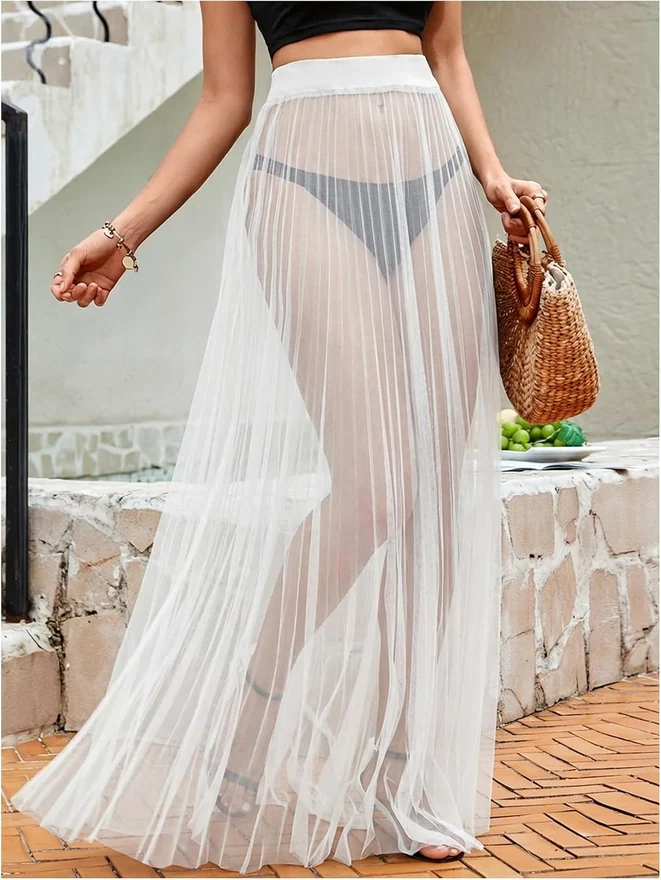 Sheer Mesh Flowy High Waist A Line Long Maxi Skirts White by OYOANGLE, photograph 4 of 4