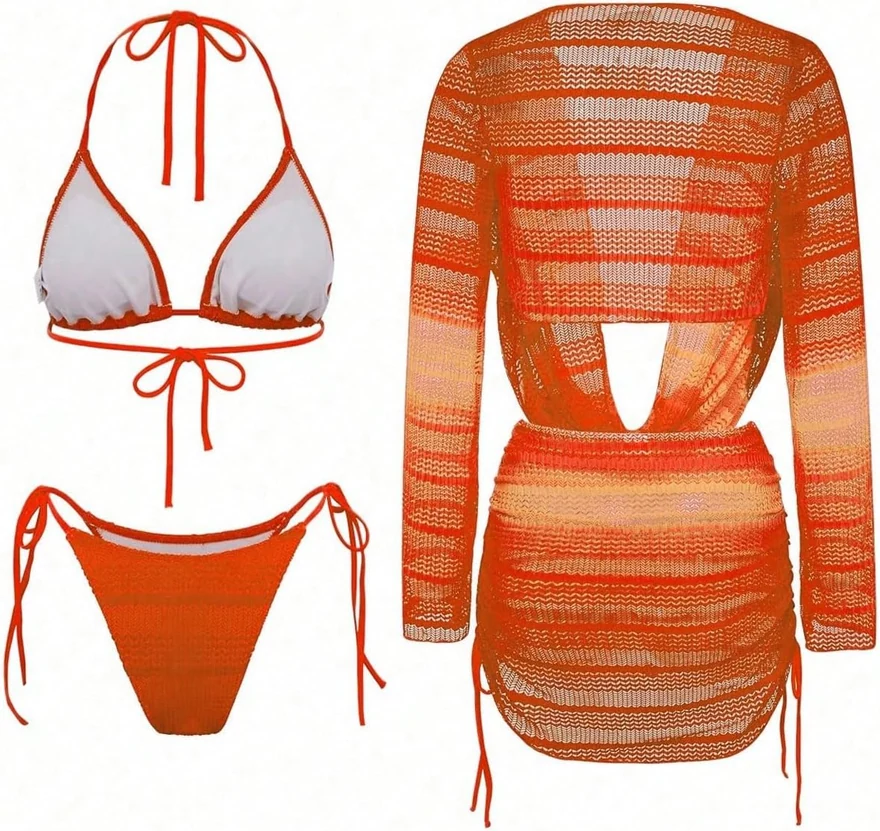 Bathing Suits 4 Piece Crochet Swimsuits with Cover Ups by OYOANGLE, photograph 4 of 4