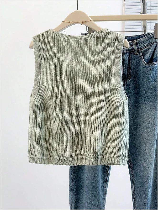 Button Down Sweater Vest Sleeveless V Neck Knit Tank Tops by OYOANGLE, photograph 3 of 4